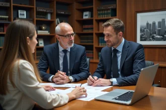 Conseiller financier et cliente analysant des documents d'investissement immobilier dans un bureau professionnel