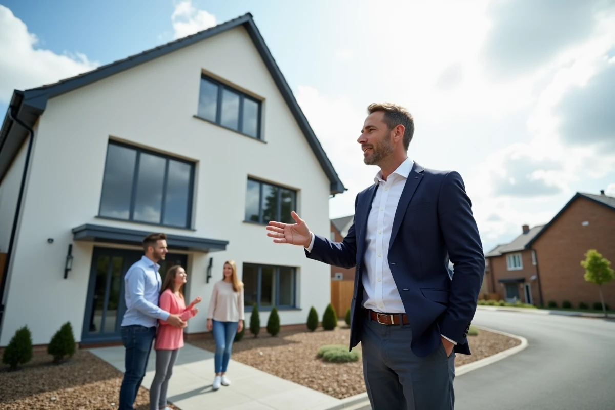 Conseiller immobilier présentant un pavillon neuf à une famille devant la façade