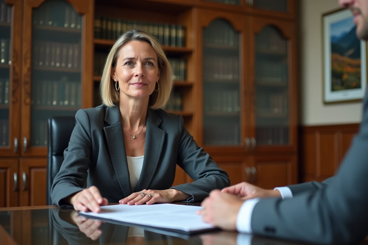 Conseillère fiscale andorrane présentant un document de résidence fiscale à un client dans un bureau notarial professionnel