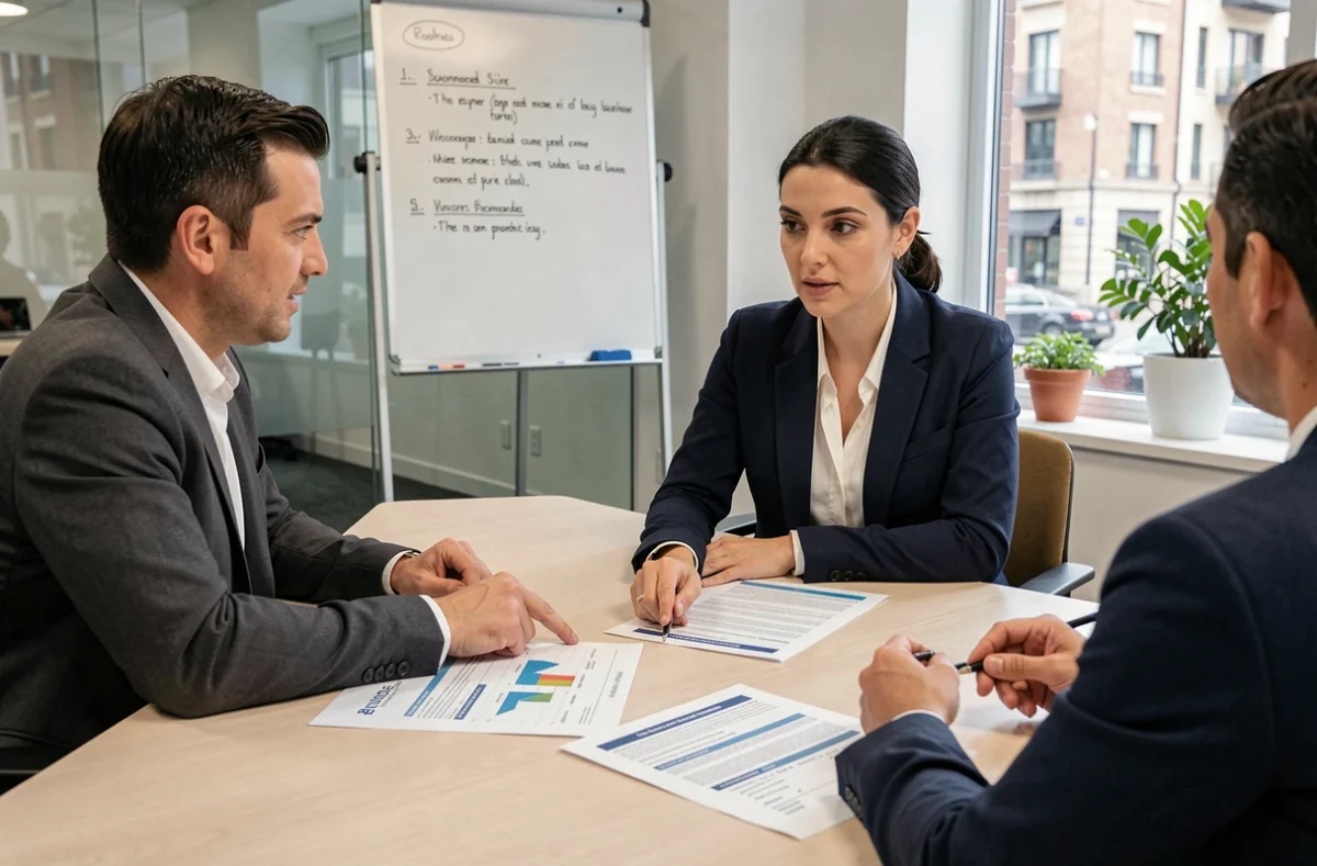 Conseillère immobilière expliquant les limites d'un logiciel à des clients avant la signature d'un contrat