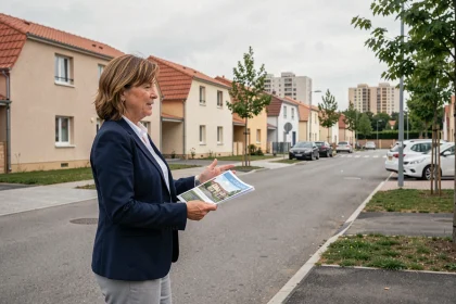 Conseillère immobilière en périphérie de grande ville présentant un programme de logements neufs en banlieue française
