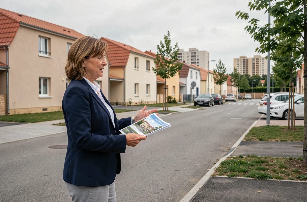 Conseillère immobilière en périphérie de grande ville présentant un programme de logements neufs en banlieue française