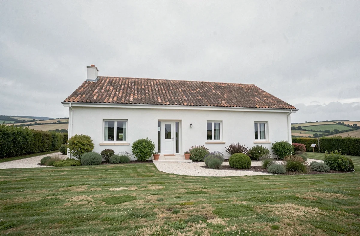 Maison individuelle neuve en Loire-Atlantique avec jardin aménagé et ciel atlantique typique