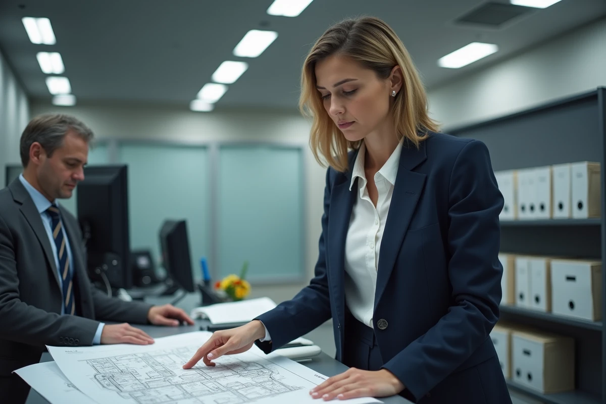 Femme consultant un plan cadastral au guichet d'un service foncier municipal, représentant les démarches administratives et erreurs courantes des particuliers