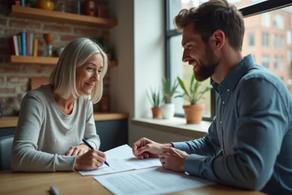 Femme et jeune homme discutant d'un contrat de location dans un appartement