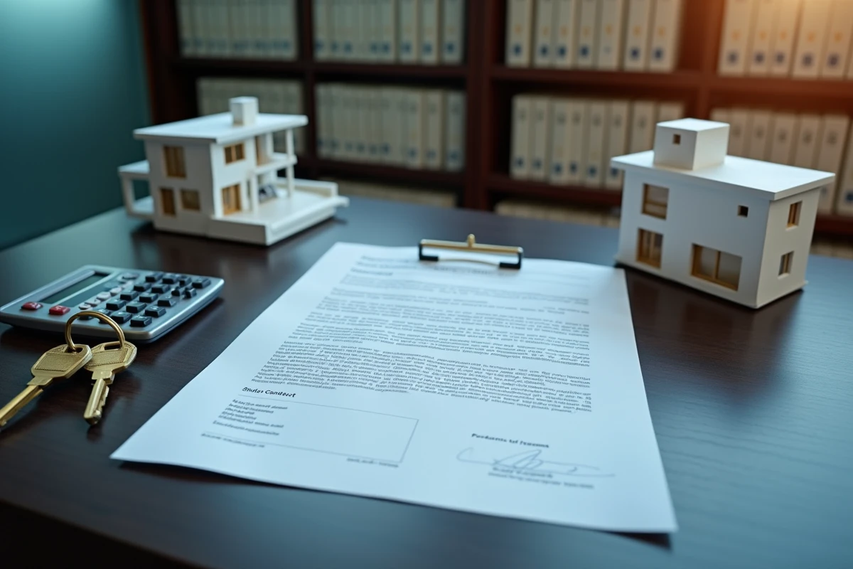Contrat de vente immobilière signé avec clés et modèle de villa sur un bureau de notaire à Casablanca, symbolisant les démarches juridiques de l'investissement immobilier clé en main au Maroc