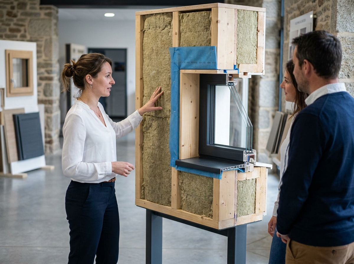 Architecte présentant la coupe transversale d'un mur de maison passive en Bretagne dans un showroom de construction