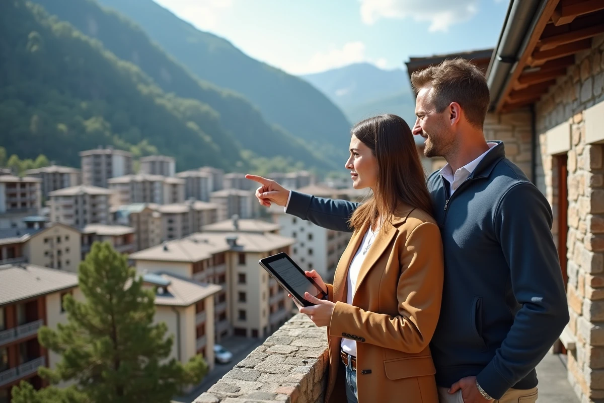 Couple consultant une annonce immobilière sur tablette depuis un balcon avec vue sur la ville d'Andorre-la-Vieille