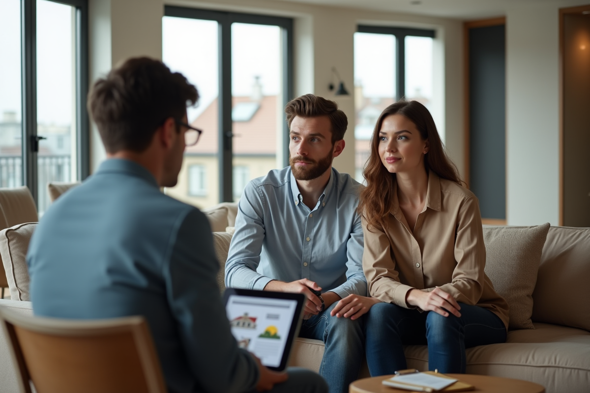 Jeune couple écoutant un agent immobilier dans un appartement