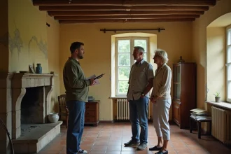 Couple discutant avec une agente immobilière dans une résidence secondaire nécessitant des travaux importants