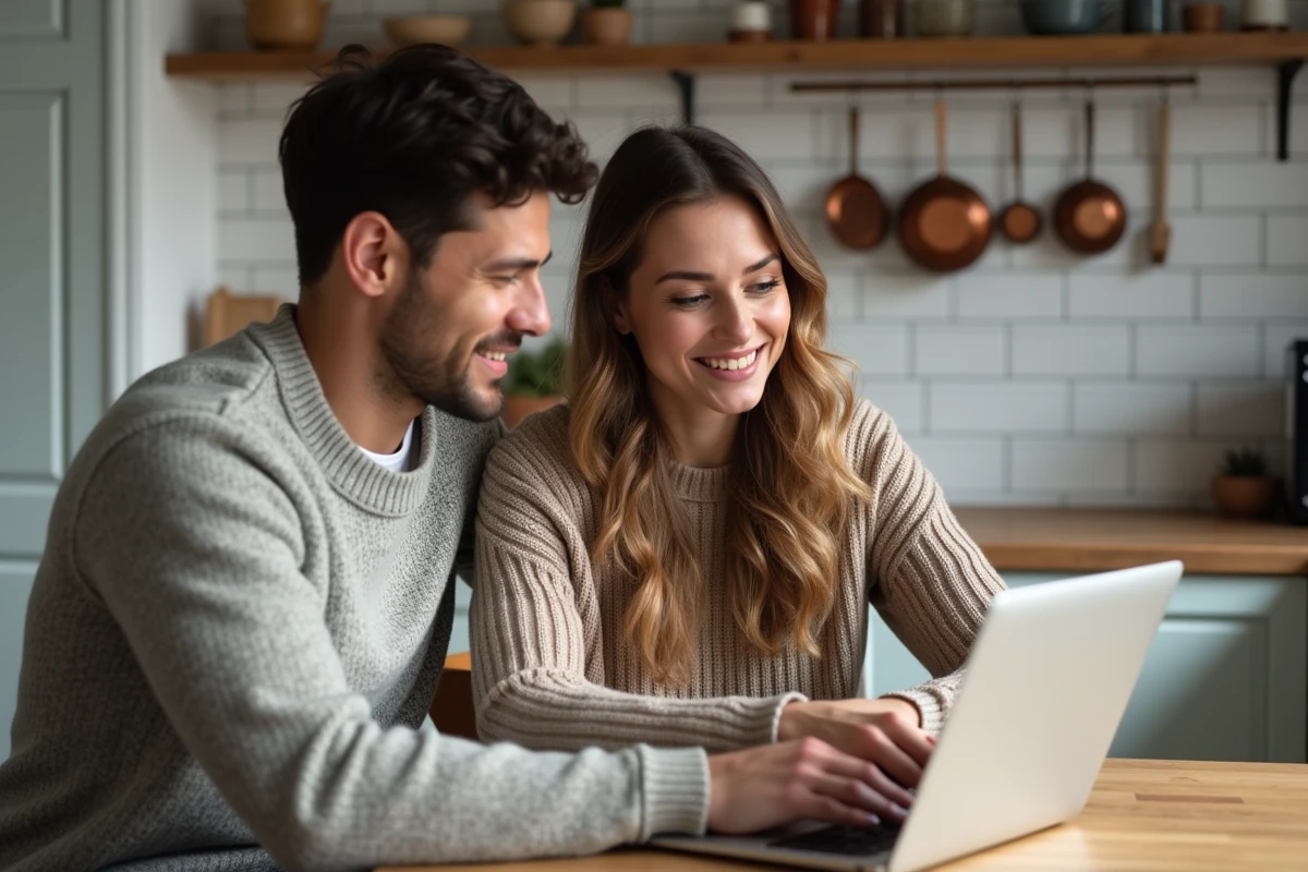 Couple consultant une estimation immobilière en ligne sur ordinateur portable dans une cuisine