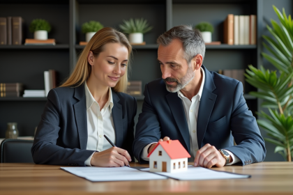 Couple d'adultes examinant un contrat immobilier dans un bureau moderne
