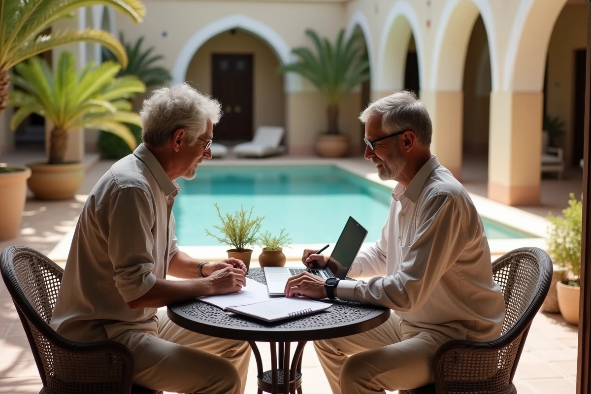 Couple examinant un contrat de location longue durée de villa à Essaouira sur une terrasse ombragée