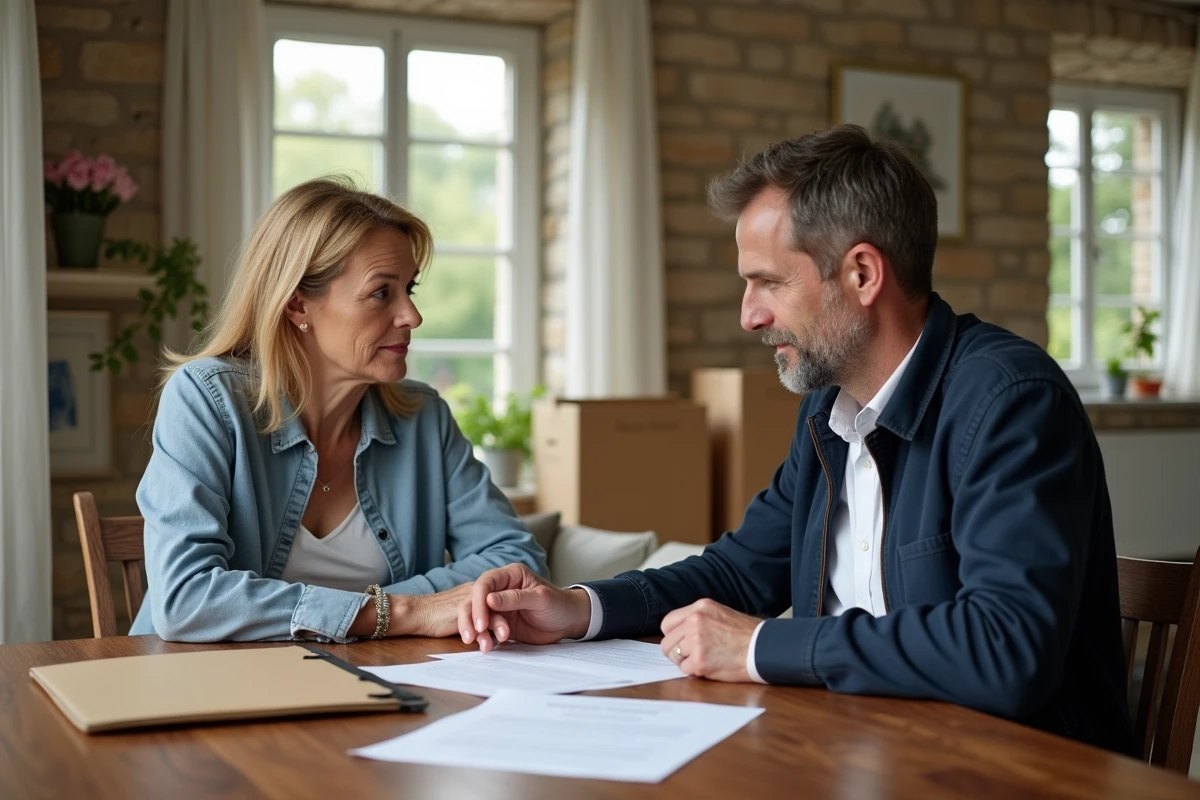 Couple sérieux examinant des documents dans un salon