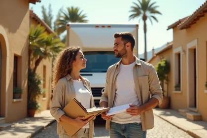 Couple devant un camion de déménagement dans une rue ensoleillée du sud de la France avec des bâtiments en pierre calcaire