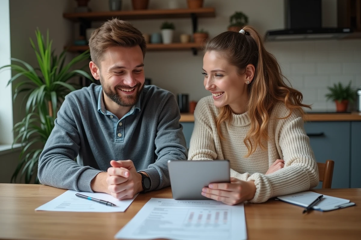 Jeune couple discutant de calculs de notaire à la maison