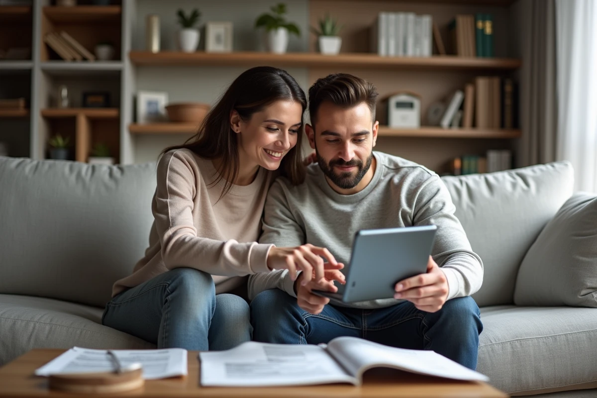 Couple consultant leurs documents de location sur une tablette numérique dans leur salon moderne