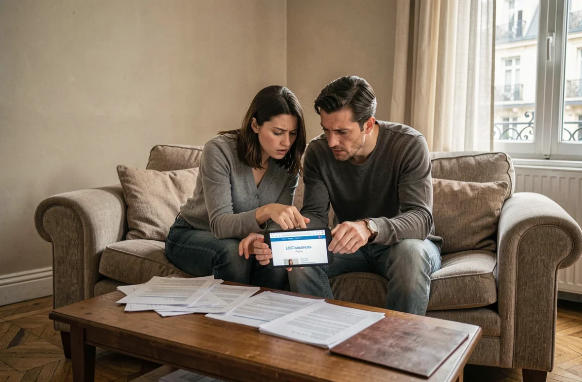 Couple examinant ensemble leur dossier de demande de logement sur LOC'annonces Paris avec des documents épars