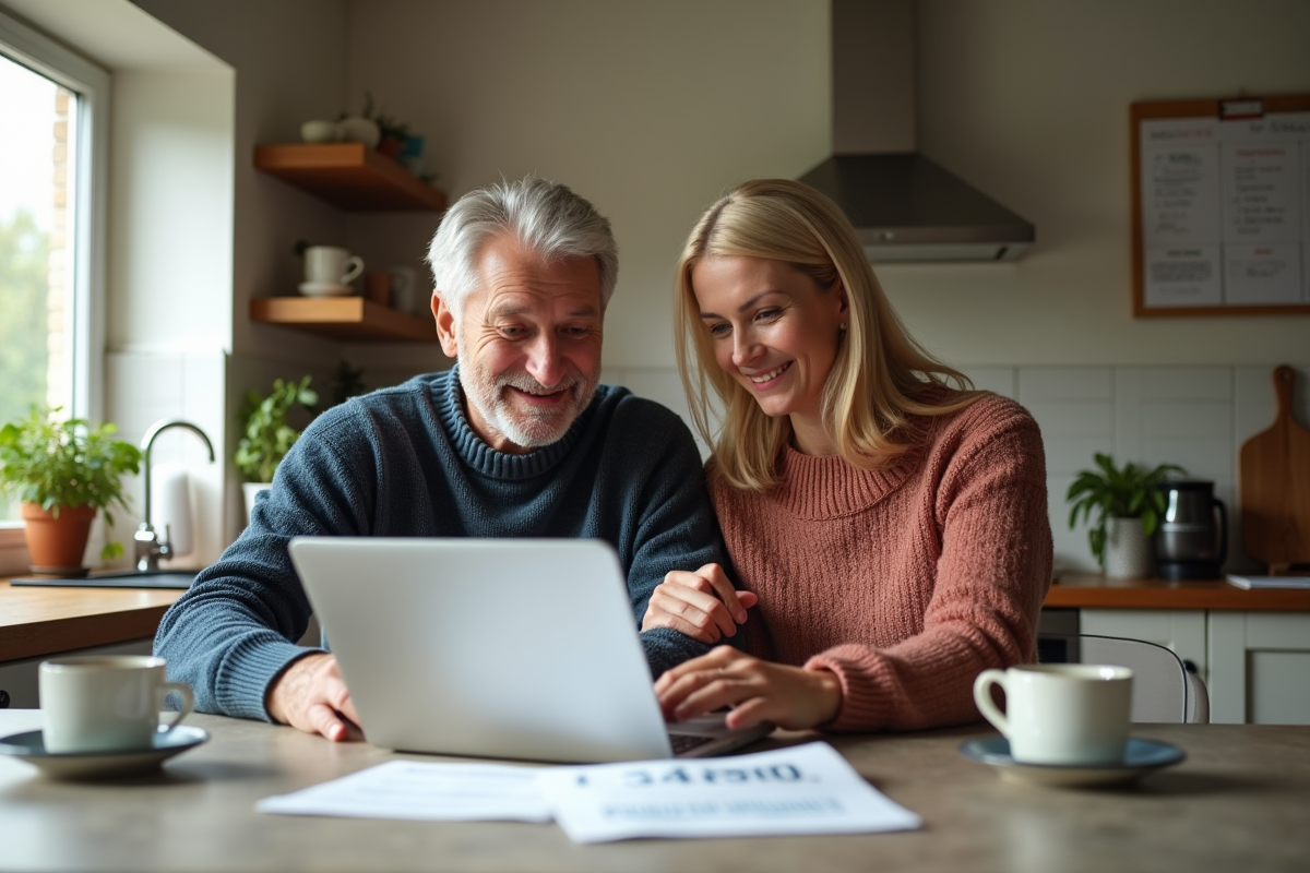Couple dans la cuisine regardant leurs relevés financiers