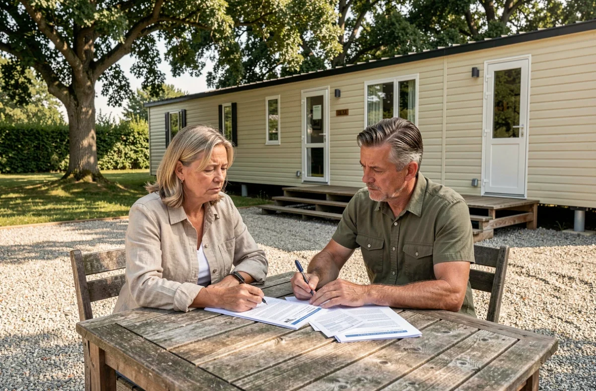 Couple étudiant les frais et taxes liés à l'achat d'une parcelle avec mobil-home en Vendée