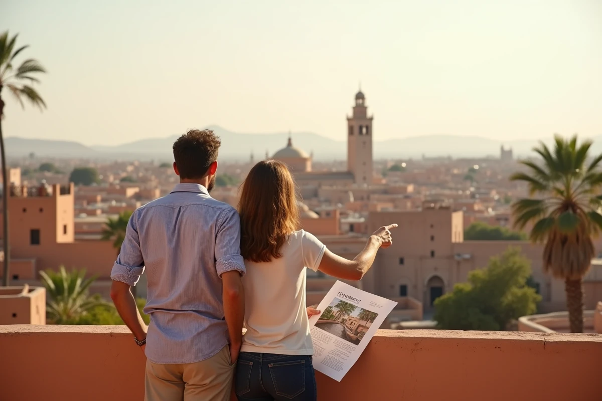 Couple français sur la terrasse d'un riad à Marrakech contemplant la médina lors d'une visite immobilière