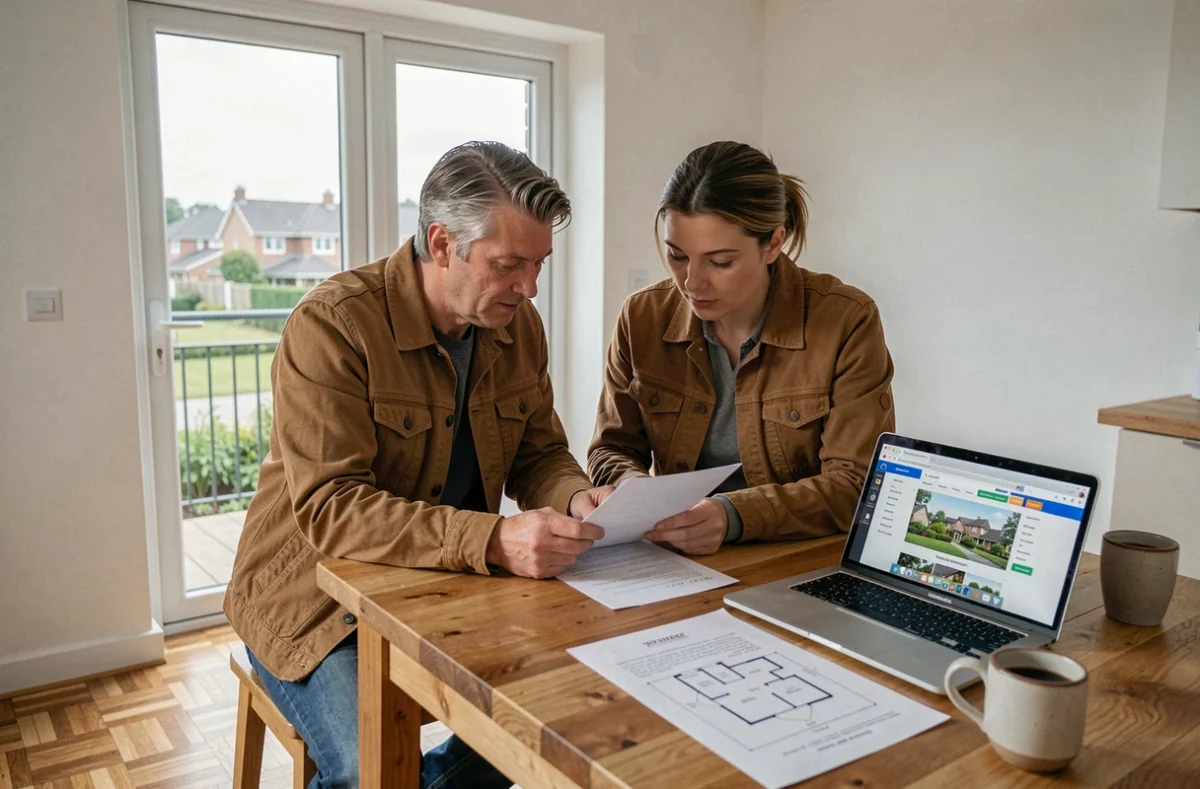 Couple étudiant un projet d'investissement immobilier en banlieue sur un site spécialisé depuis leur appartement rénové