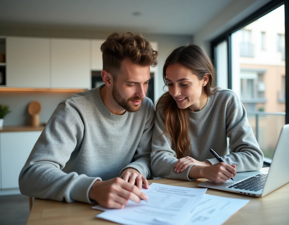 Couple de locataires étudiant les conditions de préavis d'un contrat de location dans un appartement neuf