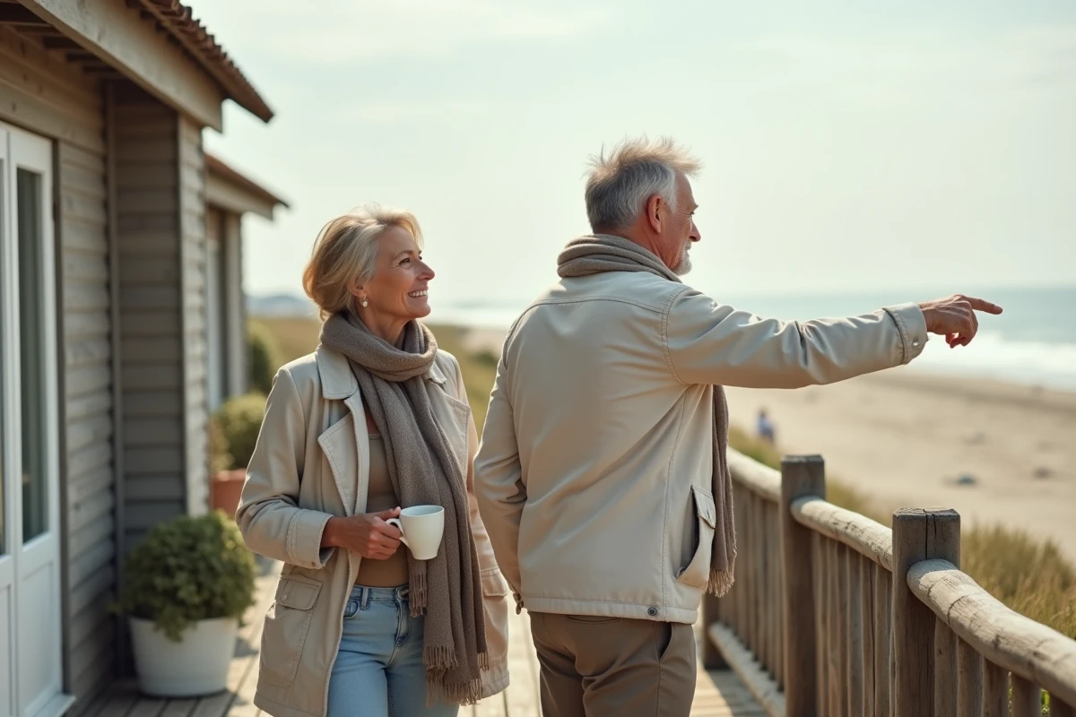 Couple devant une maison normande avec accès direct à la plage depuis la terrasse en bois