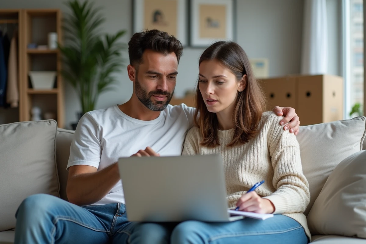 Couple vérifiant un modèle de lettre de préavis sur ordinateur portable avant envoi au propriétaire