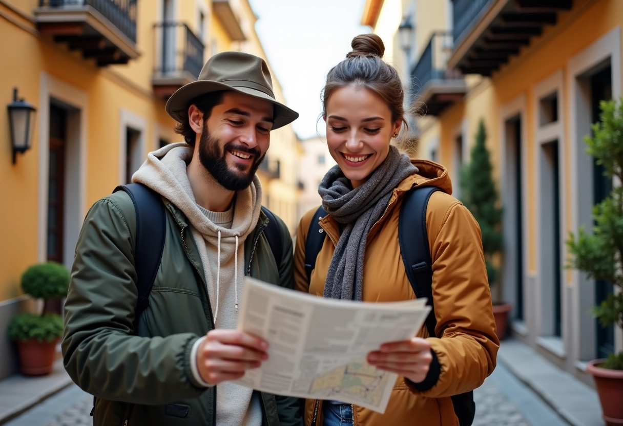 Jeune couple étudiant une carte dans une rue pavée historique