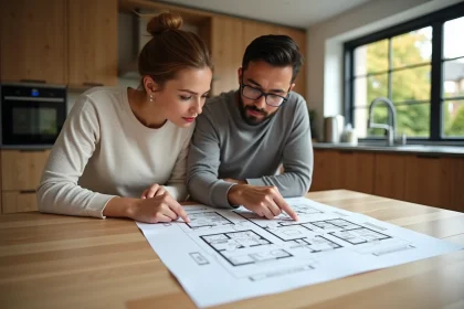 Couple examinant les plans de leur futur pavillon avec pavillonsgalaxie.fr