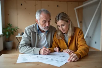 Couple d'adultes moyens examinant des plans de construction