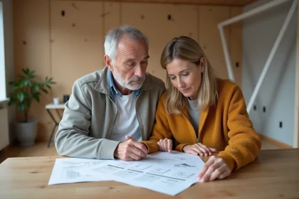 Couple d'adultes moyens examinant des plans de construction