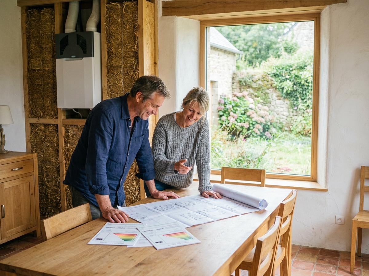 Couple étudiant les plans d'une maison passive en Bretagne autour d'une table en bois avec documents de performance énergétique