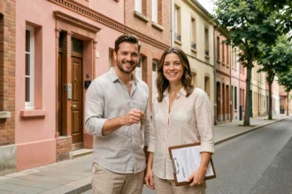 Couple de jeunes propriétaires devant une maison en briques roses à Toulouse grâce au dispositif BRS