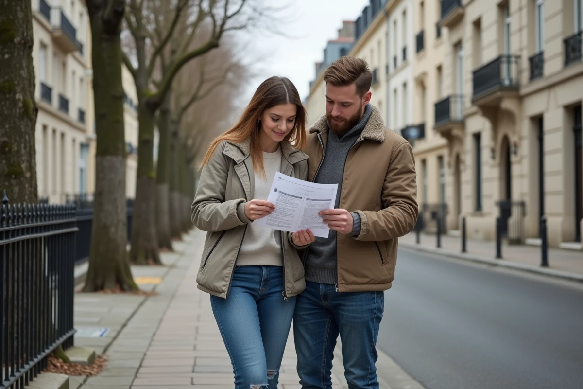 Couple étudiant des annonces immobilières dans un quartier résidentiel du Mans