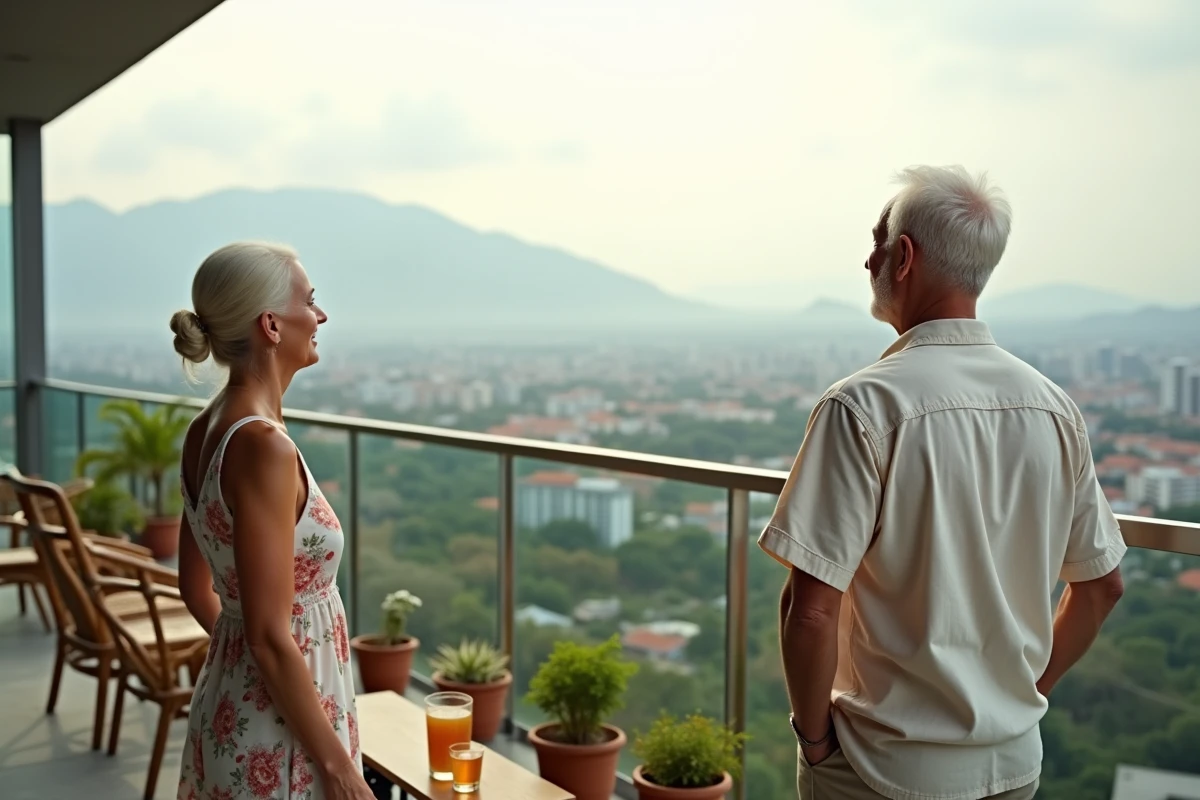 Couple de retraités occidentaux sur le balcon d'un condo moderne en Thaïlande avec vue panoramique sur Chiang Mai