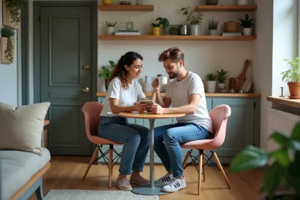 Jeune couple dans un studio cosy partage un moment quotidien