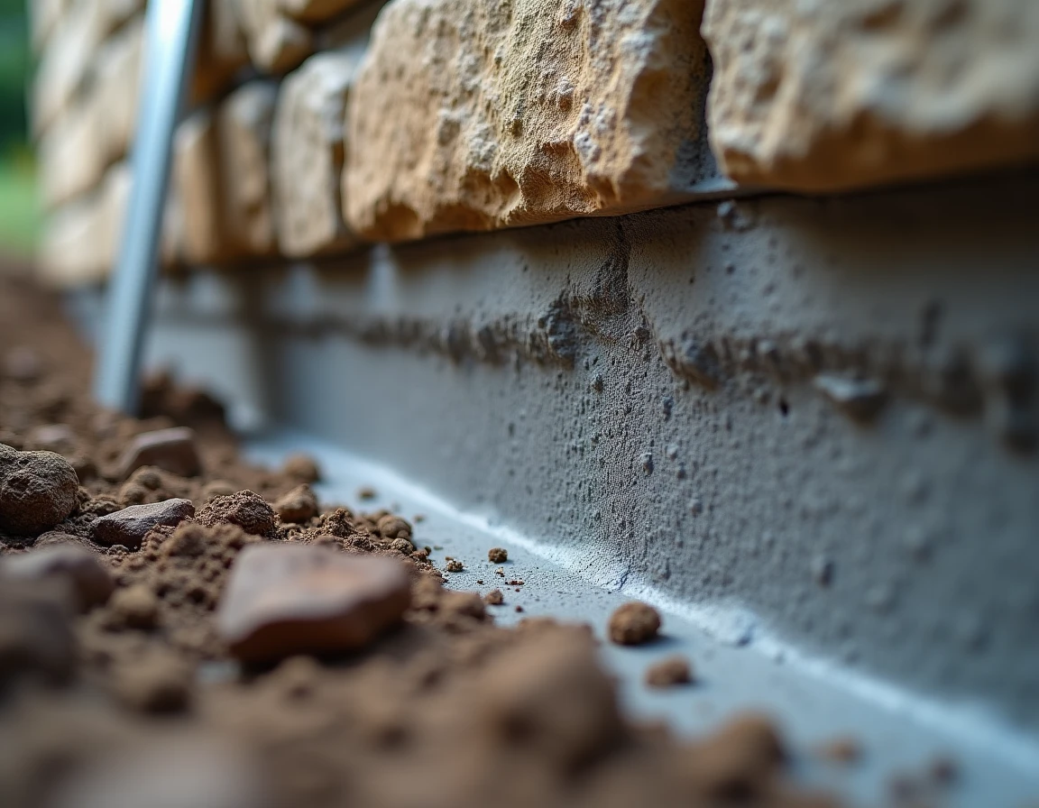 Détail de la jonction entre fondation en pierre ancienne et nouveau béton armé lors d'une reprise sous œuvre avec membrane d'étanchéité visible