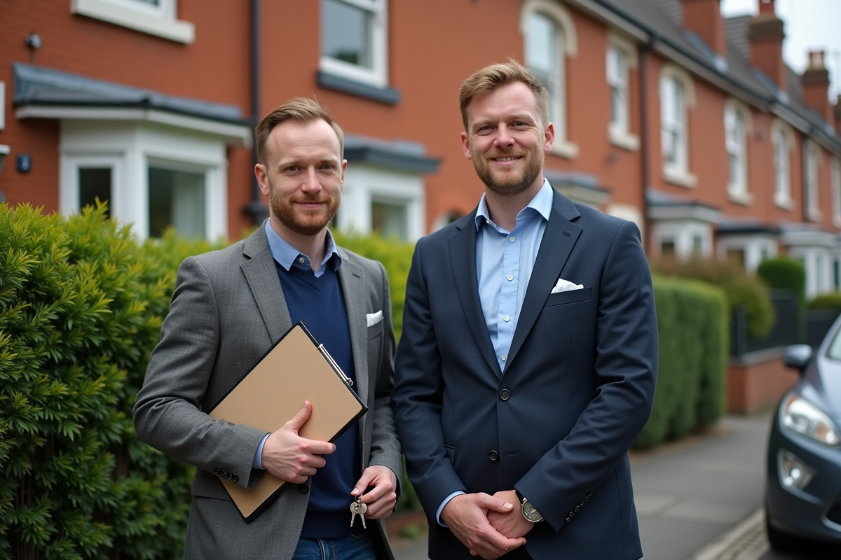 Deux hommes devant une maison en brique rouge dans un quartier résidentiel