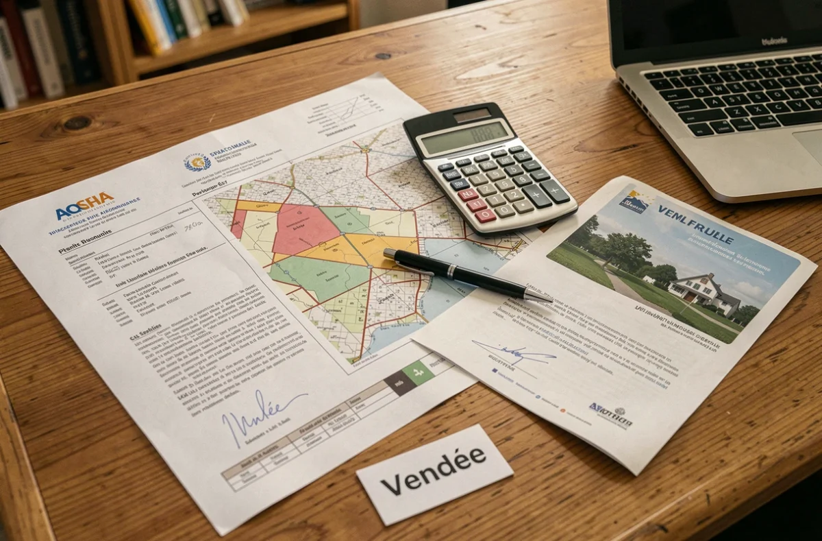 Documents officiels et carte cadastrale pour la vente d'une parcelle avec mobil-home en Vendée posés sur un bureau