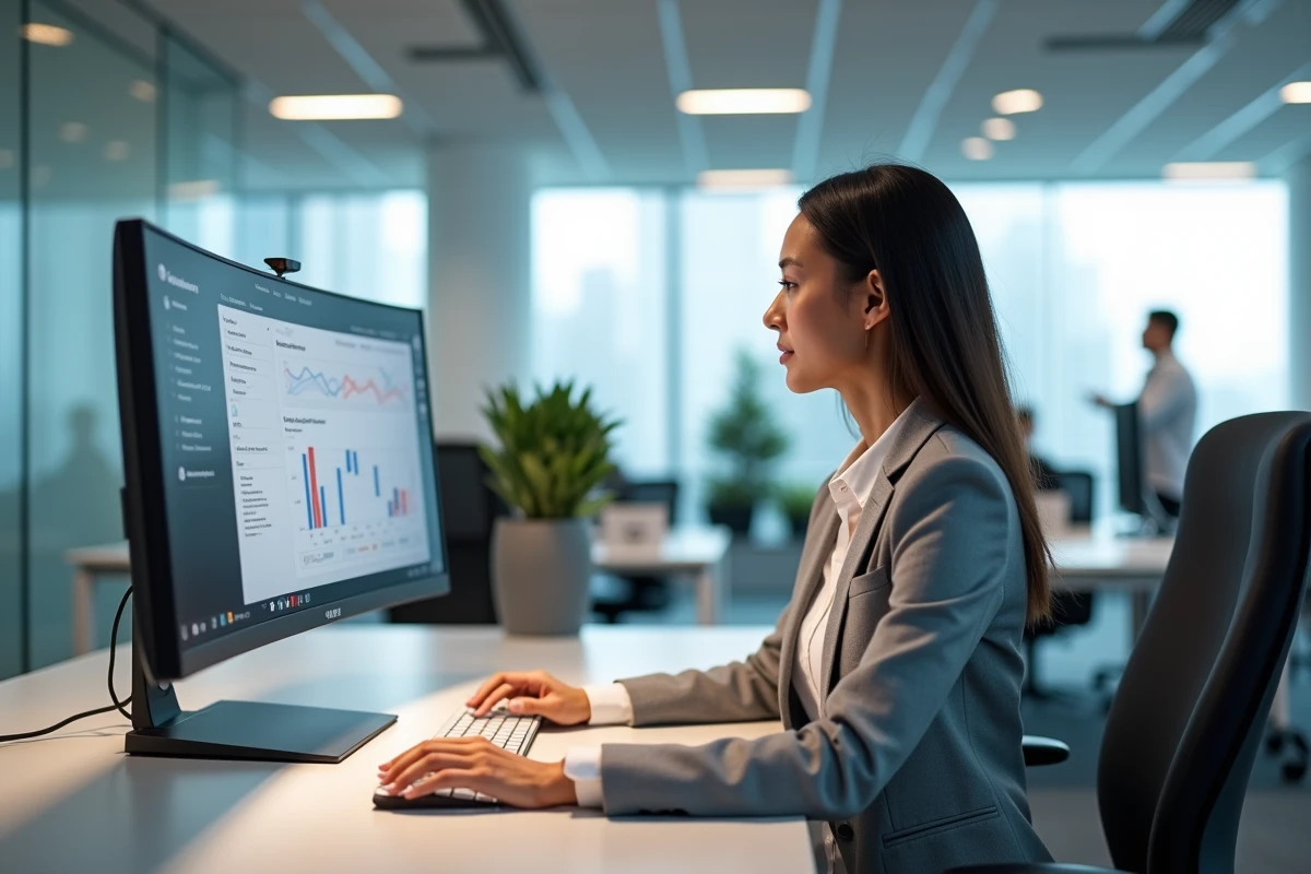 Employée professionnelle consultant le nouvel intranet IAD sur un écran d'ordinateur dans un bureau moderne en 2026