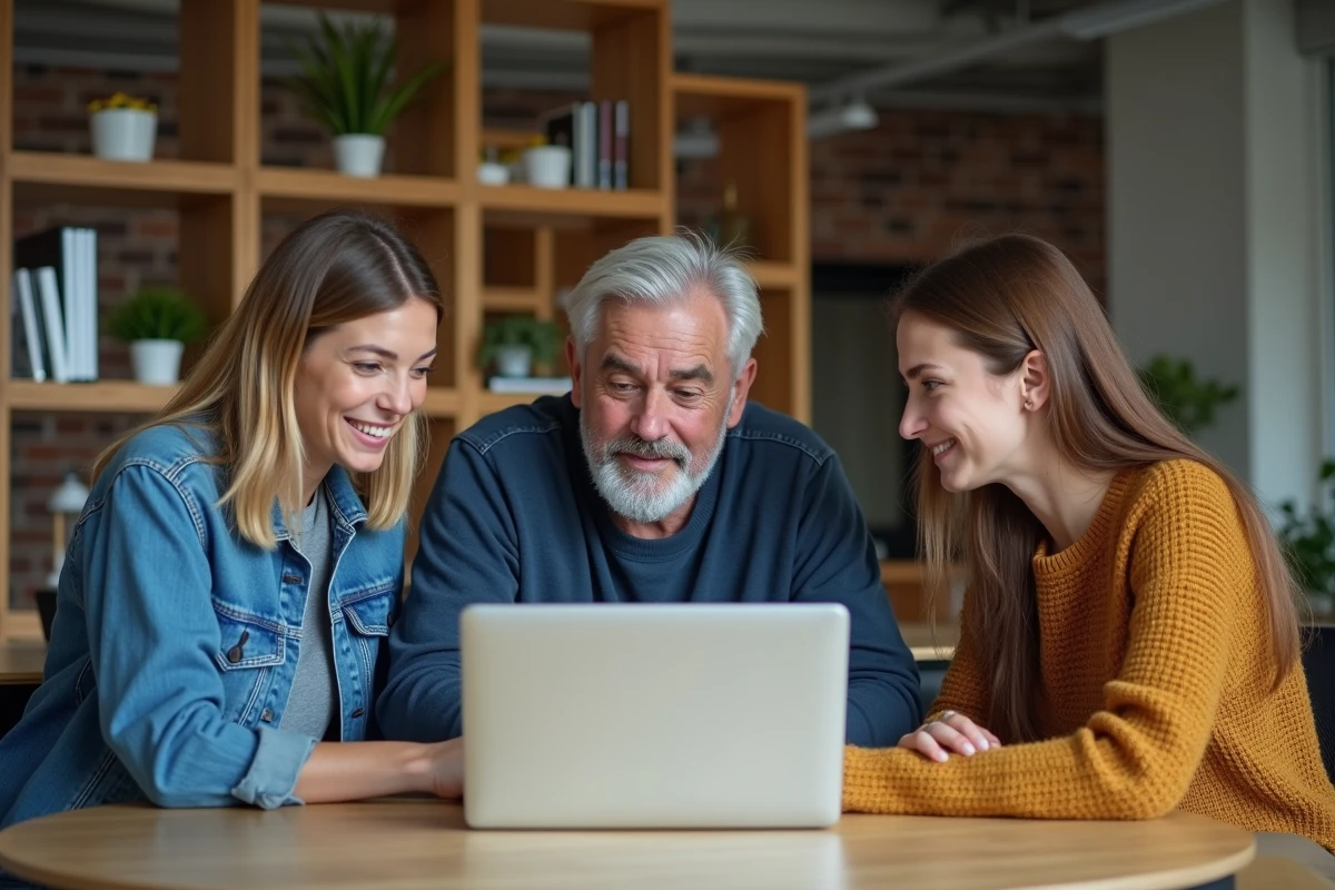Équipe de collaborateurs découvrant ensemble les nouveautés de l'intranet IAD 2026 autour d'un ordinateur portable