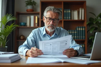 Homme consultant des documents fonciers et formulaires fiscaux sur un bureau en bois, illustrant les erreurs fréquentes des particuliers dans la gestion foncière