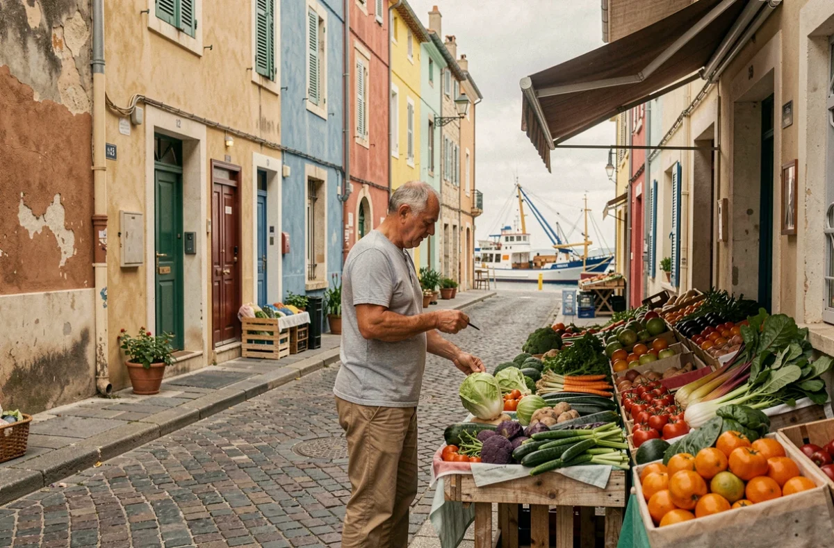 Marché de rue animé dans le quartier de l'Estaque à Marseille avec des habitants et des façades colorées typiques du nord de la ville