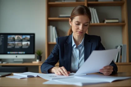 Femme analysant une estimation immobilière en ligne sur claudeleveque.com dans un bureau moderne