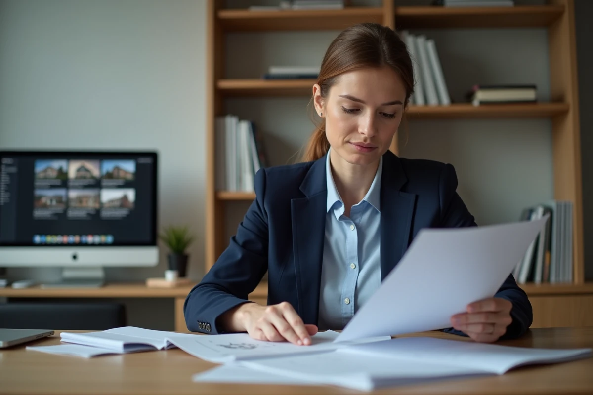 Femme analysant une estimation immobilière en ligne sur claudeleveque.com dans un bureau moderne