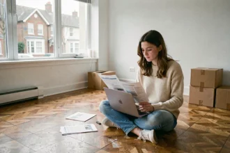 Jeune femme étudiante assise par terre dans un appartement vide, consultant des annonces de location entre particuliers sur son ordinateur portable
