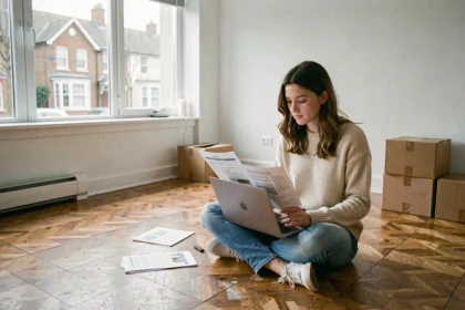 Jeune femme étudiante assise par terre dans un appartement vide, consultant des annonces de location entre particuliers sur son ordinateur portable