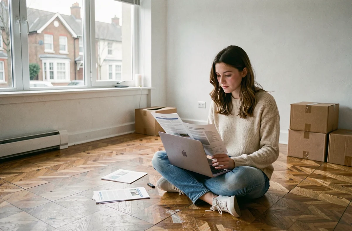 Jeune femme étudiante assise par terre dans un appartement vide, consultant des annonces de location entre particuliers sur son ordinateur portable